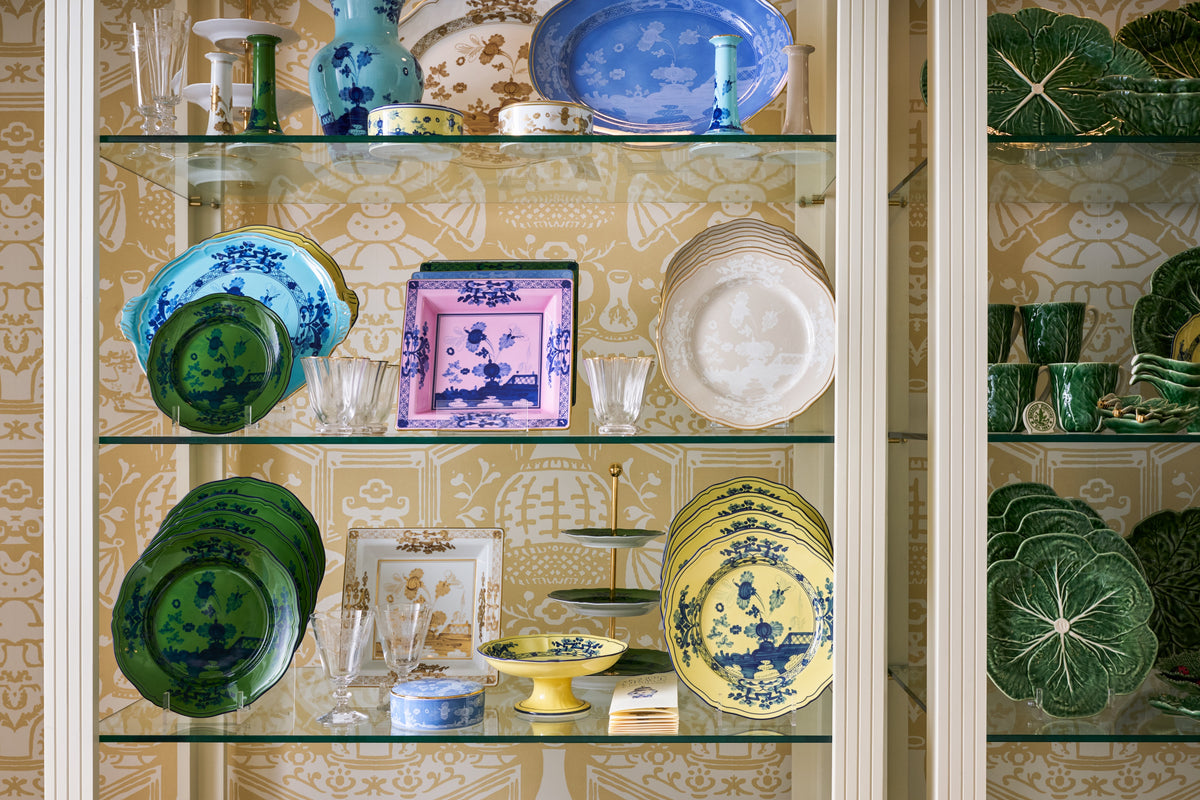 Green and blue serving platters, dinnerware and glassware at Modern Grace & Co.
