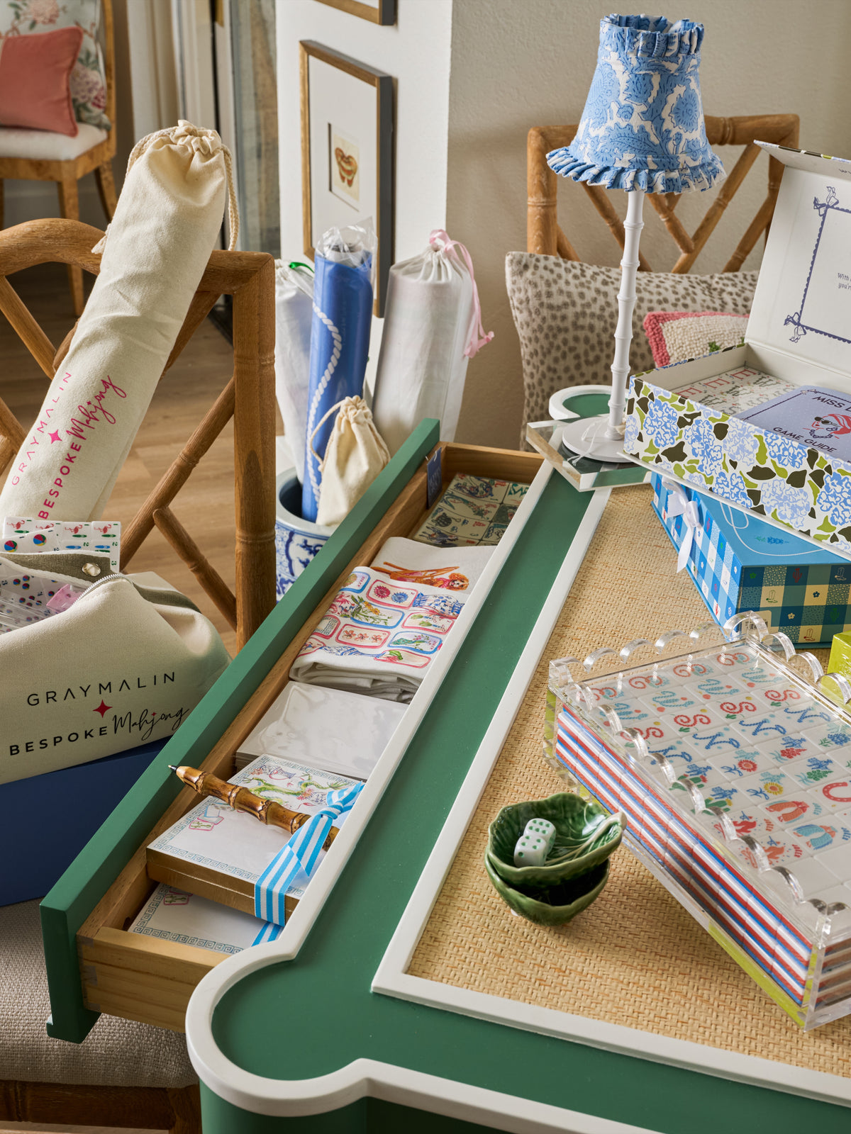 Decorative trays, notebooks and thoughtful gifts arranged at Modern Grace & Co.